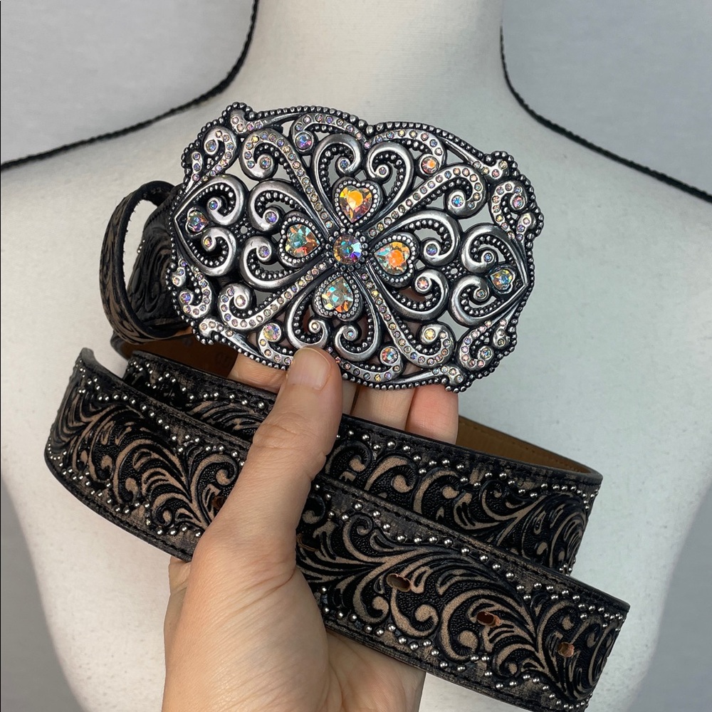 Crystal AB aurora borealis leather tooled western Black Embellished Belt - Picture 7 of 17